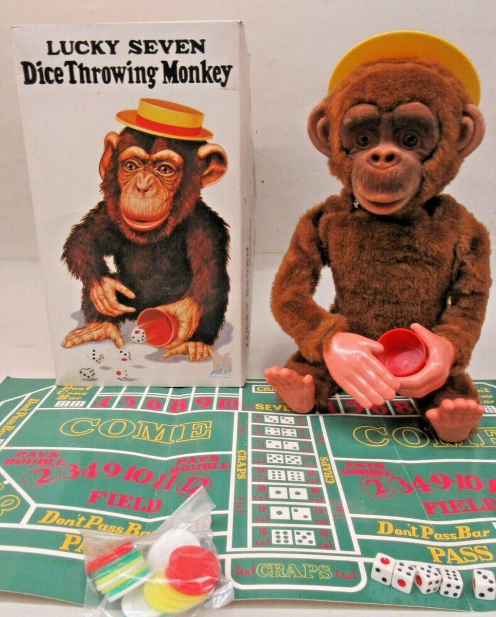 1960's Alps LUCKY SEVEN DICE THROWING MONKEY Bat-op MINT IN BOX ft