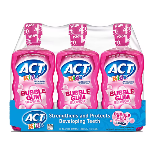 ACT Kids Mouthwash Fluoride Rinse Bubble Gum Blowout 16.9oz 3 pack