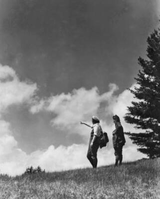 Two women hiking in the Adirondack Mountains, New York, circa 1935 Old Photo