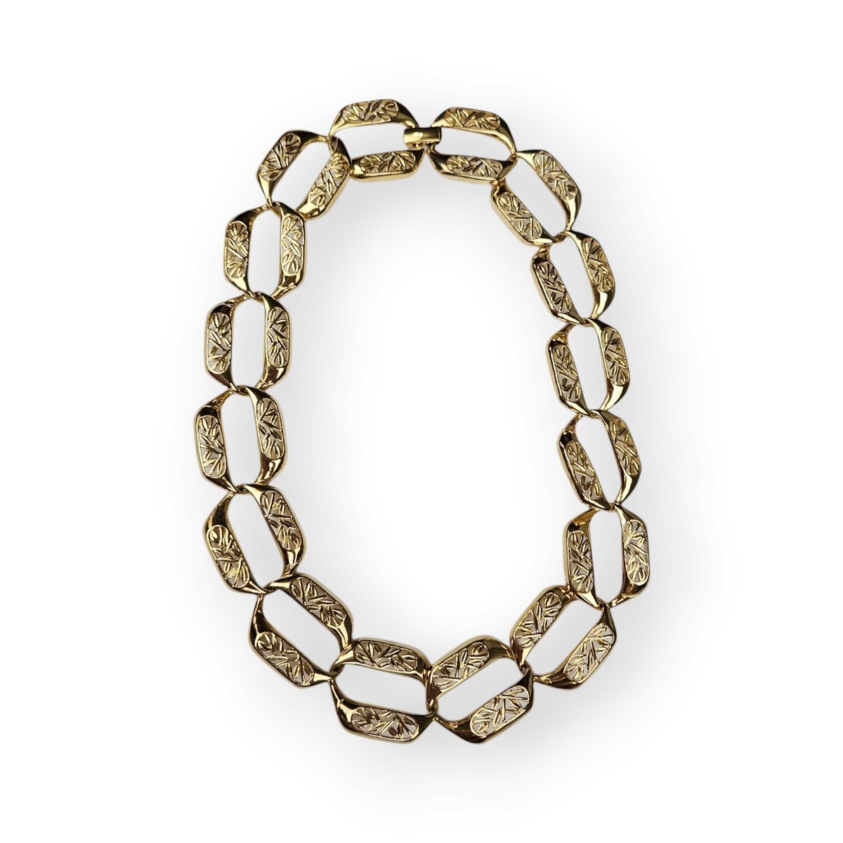 Vintage 80s Chain Necklace Floral Wide Hexagon Link Gold
