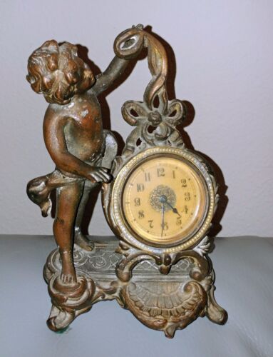 Bronze Winding Clock New Haven Cherub Rococo Victorian Style approx 7"H - Afbeelding 1 van 10