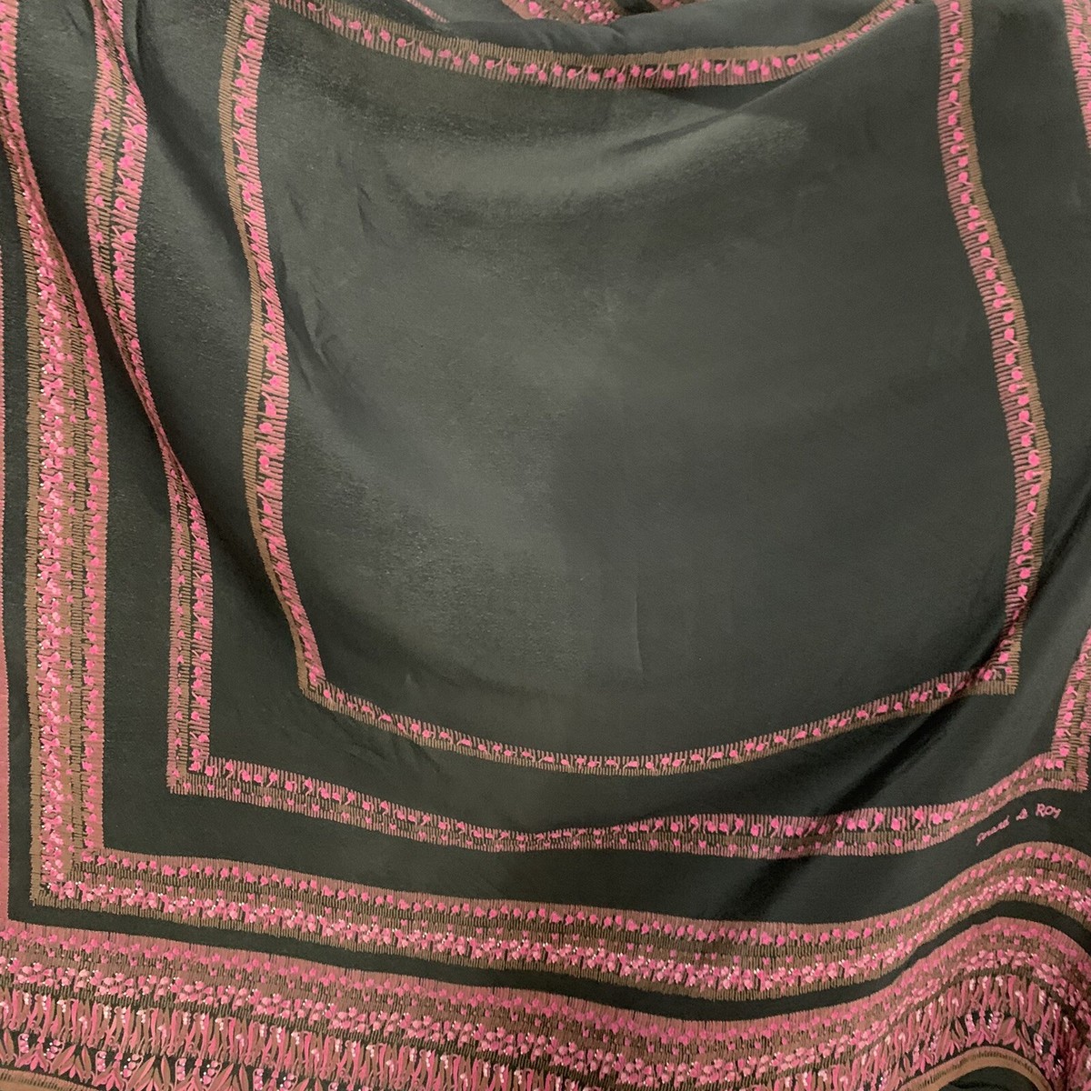 Gerard Le Roy Silk Scarf 34”x33”Black Pink Embroidered Border
