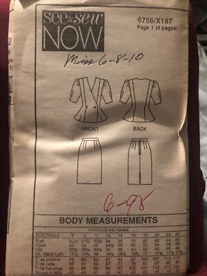 6756 Vintage Butterick Sewing Pattern Misses Jacket Skirt Suit Top 6-10 ...