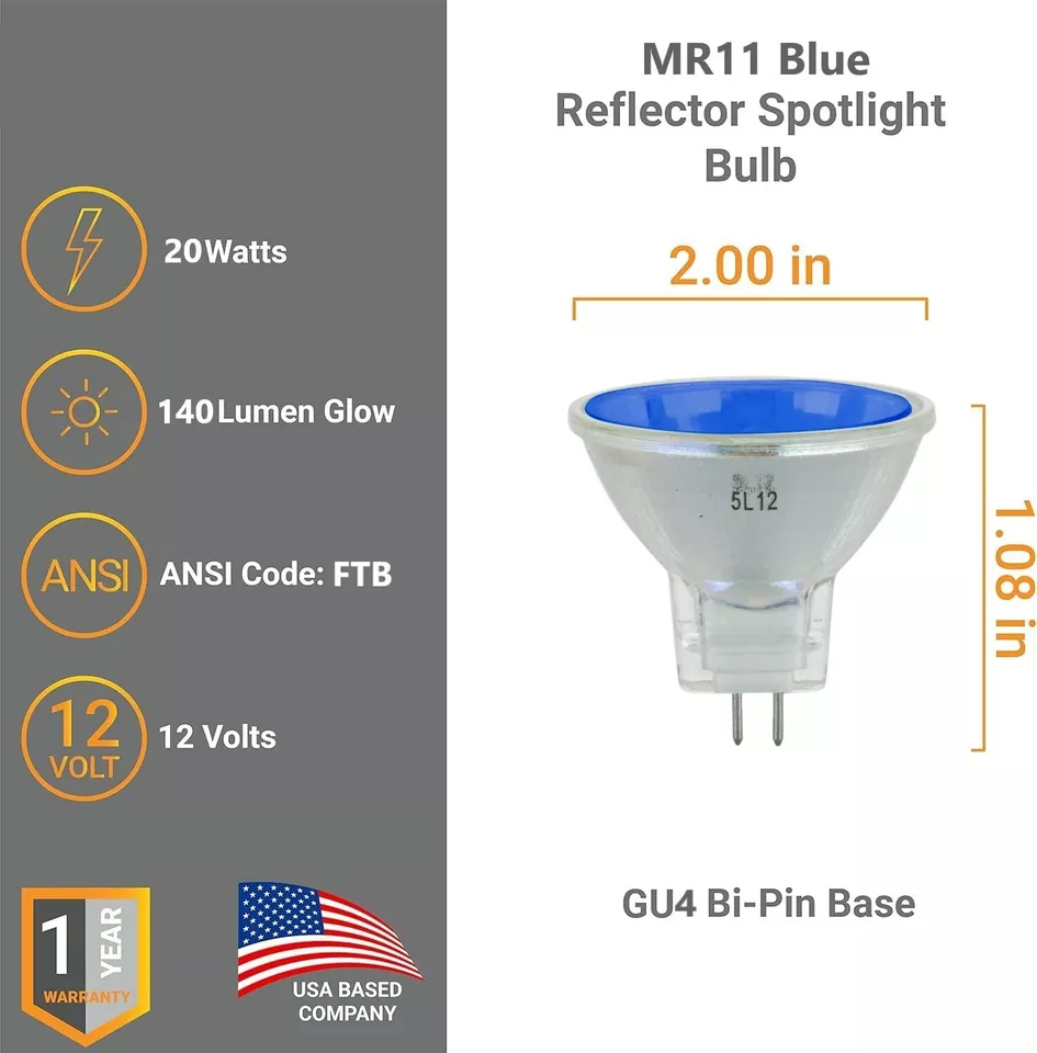 6Pack MR11 Blue Light Bulb, GU4 Mini Reflector w/ Cover Glass, 20W, 10° - Image 2 of 4