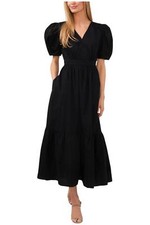 CeCe Women's V-Neck Puff-Sleeve Tie-Waist Maxi Dress Black