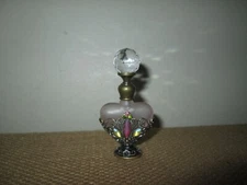 Small Frosted Glass Filigree Refillable Jeweled Perfume Bottle w/ Crystal Dauber