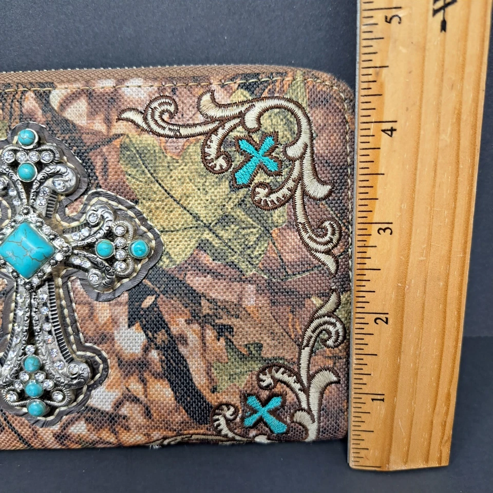 Montana West Brown Camo Leaves Embroidered Wallet Turquoise Colored Cross - Image 3 of 4
