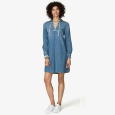 New Chaps Women's Lace-Up Long Sleeve Denim Shirtdress Blue Variety Sizes