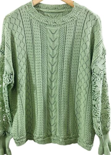Vintage Womens Sweater Size L Green Open Knit Peasant Sleeve Grandma Cottage - Picture 7 of 8