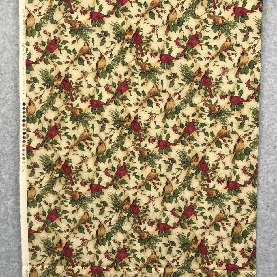 3码冬季印象霍夫曼织物棉红雀花卉象牙背景 — 第 2/4 张图片