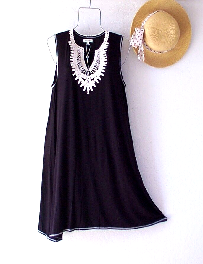 New~$98~Max Studio~Black & Ivory Crochet Lace Boho Vacation Dress~Size Medium M