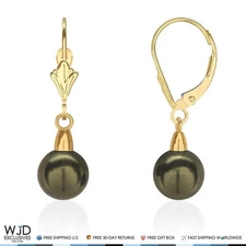 7mm Diameter Black Pearl Dangle Drop Leverback Earrings 14K Yellow Gold