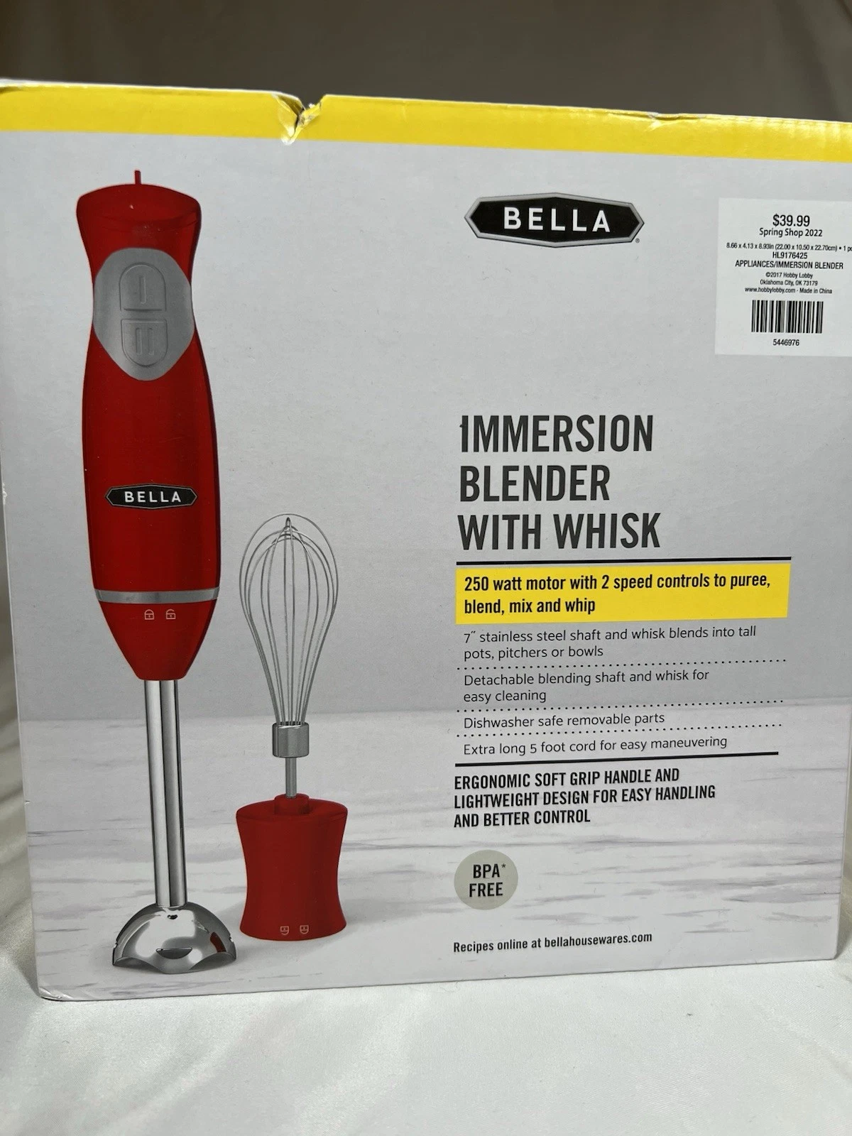 Bella Immersion Hand Blender Red W/ Whisk Attachment New
Opens in a new window or tab