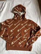 Champion Youth Medium Hoodie Sweatshirt Brown All Over Logo Print Unisex