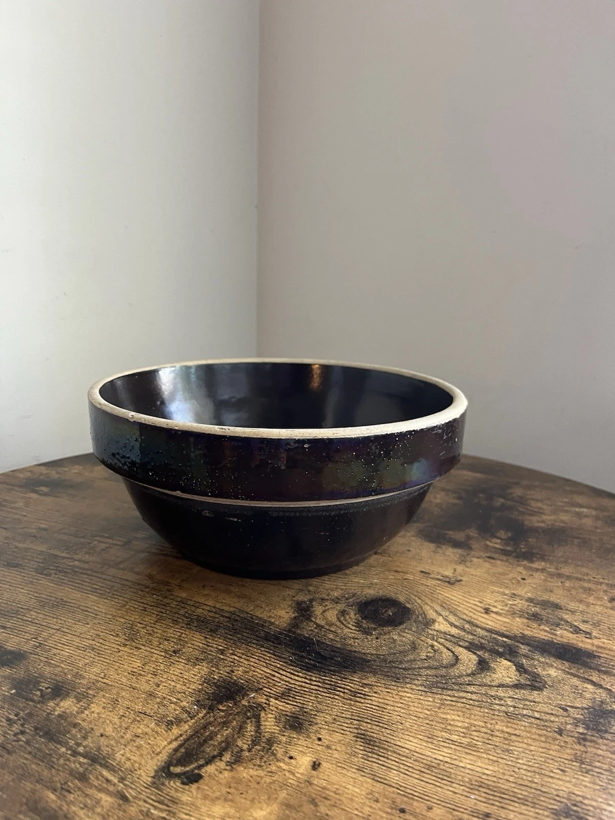 Vintage Stoneware Dough Mixing Bowl L Dark Brown Country Farmhouse Nice