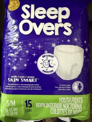 Sleep Overs Youth Pants S/M 38-65 lbs White Unisex 15 Count
