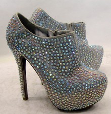 silver Rhinestones 6" heel Round Toe Ankle Boot Women Size 7.5