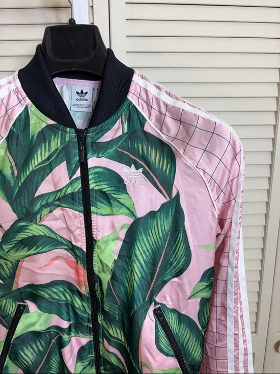 Adidas x Farm Rio Sz XS Pink Palm Tropical Leaf Pattern Track Jacket Full Zip image 4