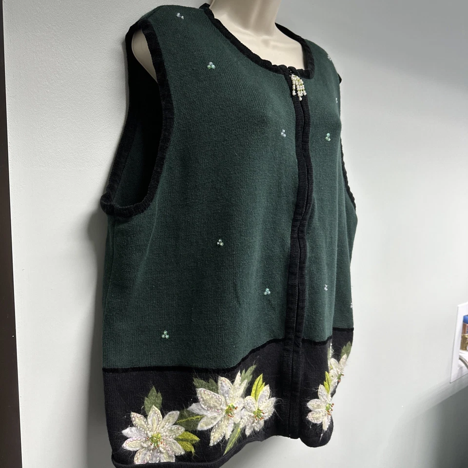 The Quacker Factory Women's Plus Sz 2X Green Holiday Poinsettia Sweater Vest - Image 4 of 4