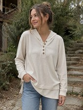 J Jill Cream Hooded Waffle Knit 1/4 Button Pullover Sz M
