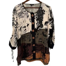 John Mark Color Block Lagenlook Bohemian Button Dowm Blouse XL