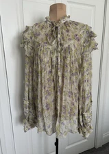 HEMANT & NANDITA Rika Blouse in Green/Purple Long Sleeve Button Up Sheer Sz XS