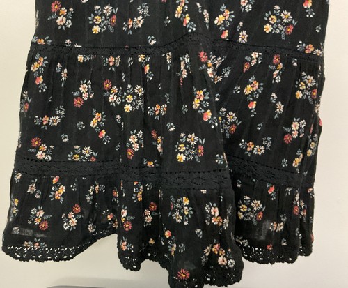 American Eagle Black Floral Puffy Cuff Ruffle Mini Dress Large Smoked Lace Trim - Picture 22 of 24