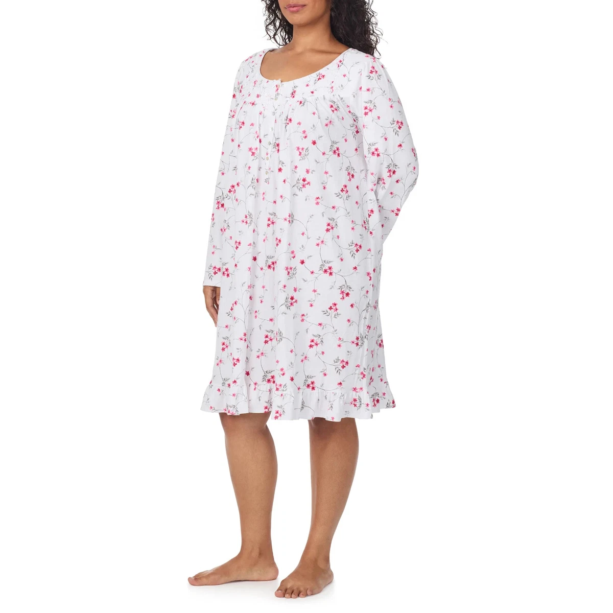 Camicia da notte lunga in cotone comodo - Bianco panna / grigio a fiori