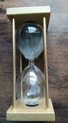 VTG LEATHERETT Gold Color Hour Glass with Brown Sand 7.5”