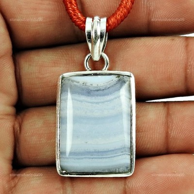 Blue Lace Agate Stone Mother Best Daughters Gift Ethnic Pendant 925 Solid Silver