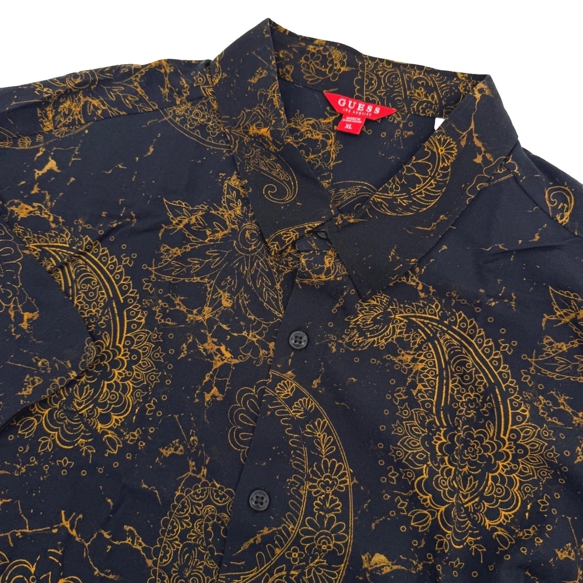 Camisa Guess LA Para Hombres XL Negra Dorada Cachemira Viscosa Elastizada Manga Corta Moderna