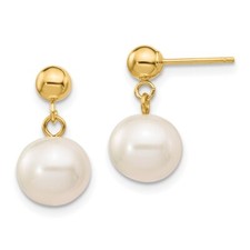14k Yellow Gold 8-8.5mm White Round Cultured Pearl Drop  Dangle Earrings 0.18gm
