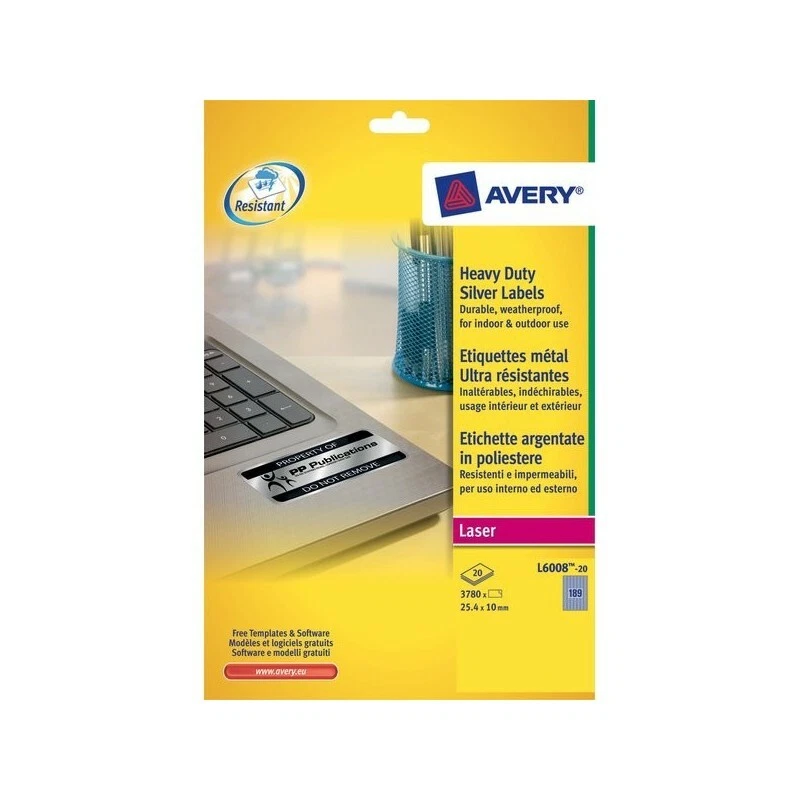 Avery L6008-20 Heavy Duty Labels Laser Etichette Argentate in Poliestere Argento