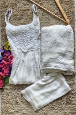 White Chikankari Strappy Kurta Garara Set with Dupatta for women, Indian Dress