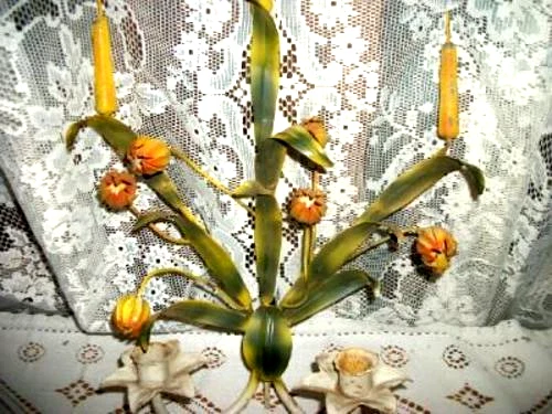 Italian Tole Candle Sconce Cottagecore Cattails Orange Japanes Lantern Flowers - Image 2 of 4