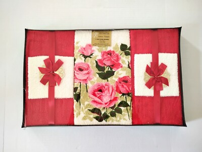 Vtg 60s Terry Towne 5 pcs Towel Gift Set Pink Red Roses Flower Box MCM Guest NOS