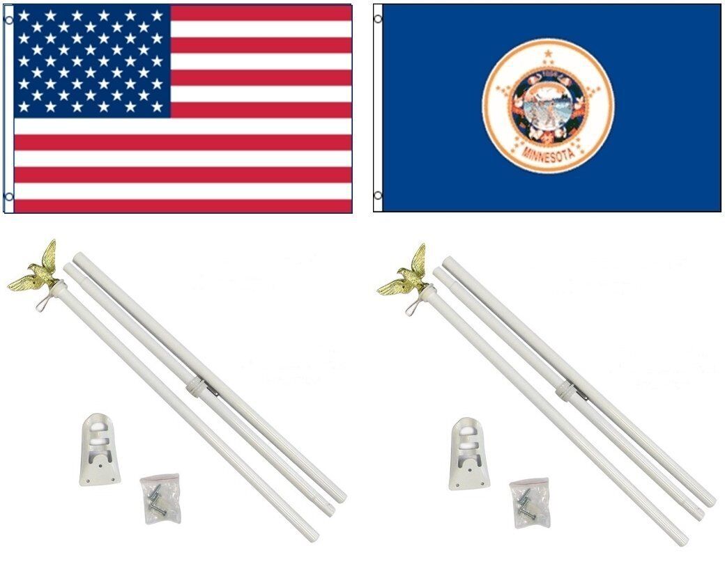 3x5 USA American & State of Minnesota Flag & 2 White Pole Kit Se
