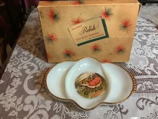 Vintage Anchor Glass Fire King Relish Dish With 22k Gold Trim w/Original Box