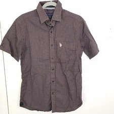 US Polo Assn Shirt Mens M Button Up SHort Sleeve Plaid Tailored Fit 60s Cotton