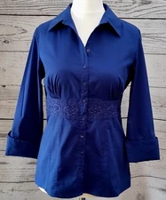 Gitano Womens Top Blouse Blue Beading Sequins Embroidery 3/4 Sleeves Sz Med