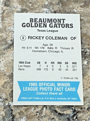 1985 TCMA Rickey Coleman #733 Beaumont Golden Gators Minor League