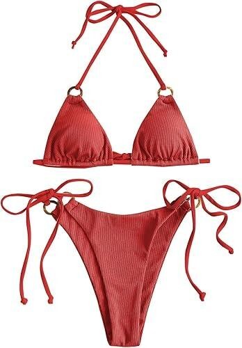 ZAFUL Women's Textured Tie String Bikini Swimwear Triangle Smocked Bikini Cheeky - Afbeelding 1 van 4