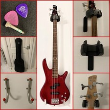 Red Ibanez Gio GSR200 Chrome Bass Guitar includes wall stands, bag, picks bundle