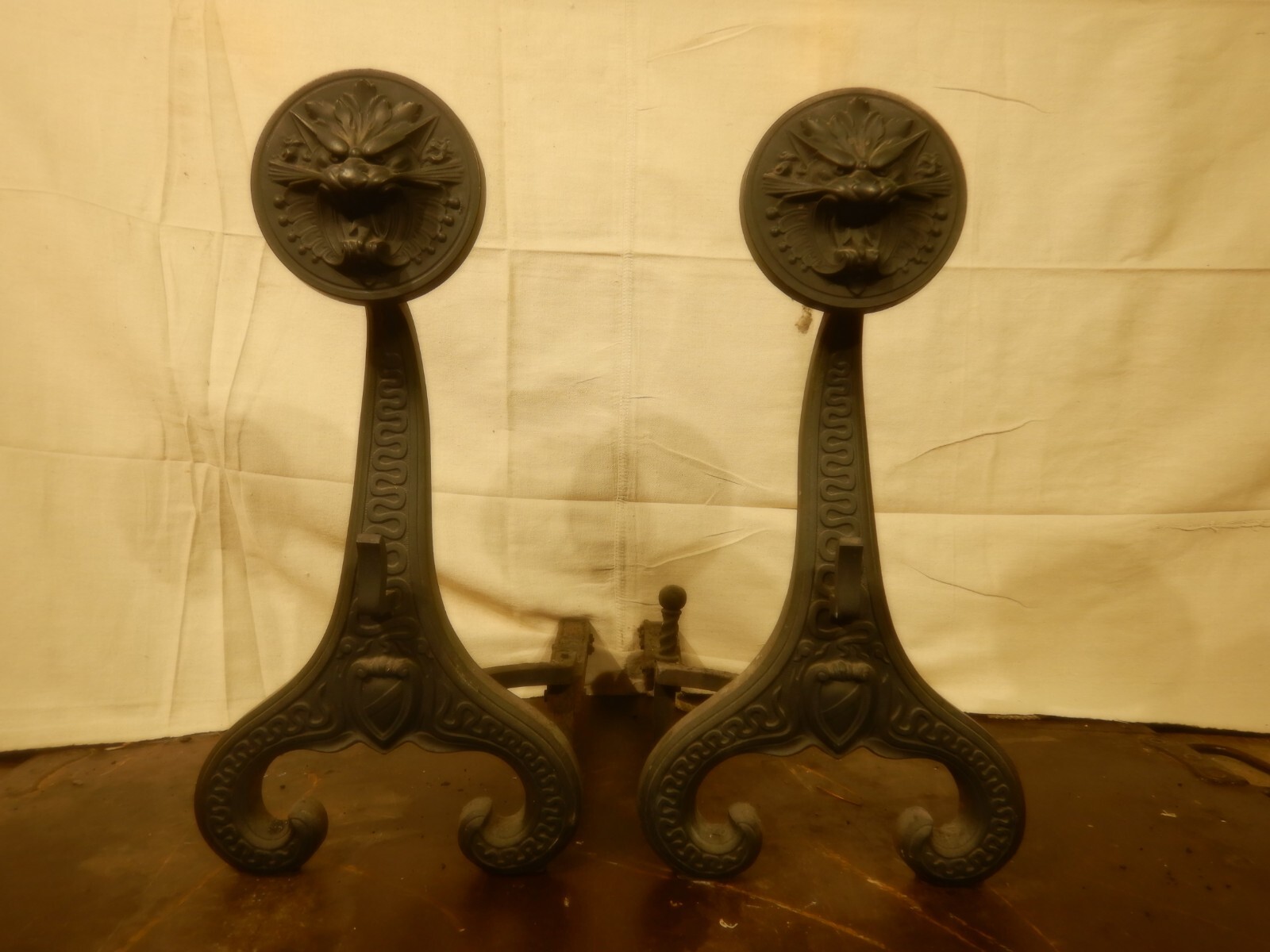 Antique Art Nouveau Gothic Dragon Bradley Hubbard Cast Iron Fireplace Andirons 