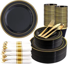 350 Pieces Black and Gold Plastic Plates with Disposable Silverware