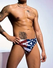 New Men's Sexy Red, White, & Blue Flag Style Low Rise Bikini Swim Brief- Gay
