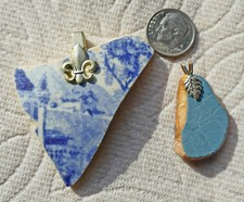 2 LOVELY SEA GLASS BEACH POTTERY PENDANTS SURF TUMBLED  8 JEWELRY