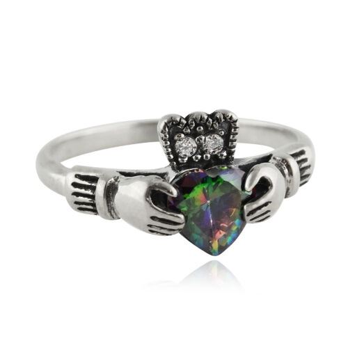 Claddagh Ring -925 Sterling Silver- CZ Rainbow Mystic Topaz Celtic Irish NEW - Picture 1 of 8