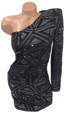 BEBE 2b Beautiful Navy Blue Kassandra One Shoulder Sequin Dress Size S