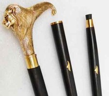 Antique Solid Brass Lion Head Handle Vintage Designer Wooden Walking Stick Cane